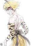  1girl alternate_costume animal_ears animal_print back back_bow backless_outfit bare_shoulders black_hair blonde_hair bow cat_ears closed_mouth commentary_request elbow_gloves extra_ears from_side gloves hair_bow highres kemono_friends kishida_shiki lips looking_at_viewer multicolored_hair neck no_tail plaid plaid_skirt print_gloves purple_eyes short_hair short_hair_with_long_locks shoulder_blades sidelocks sideways_glance skirt smilodon_(kemono_friends) solo strapless tiger_print toned upper_body white_hair 