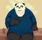  2018 anthro black_body black_fur clothing fur giant_panda humanoid_hands kemono mammal noctnoc overweight robe sitting solo ursid white_body white_fur 