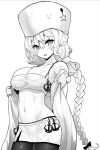  1girl avrora_(azur_lane) azur_lane bandeau bare_shoulders braid breasts cleavage collarbone commentary_request cowboy_shot crop_top fur_hat greyscale hat highres hori_(hori_no_su) large_breasts long_hair looking_at_viewer midriff miniskirt monochrome navel off_shoulder open_mouth pantyhose single_braid skirt solo spaghetti_strap star stomach undressing ushanka very_long_hair wet 