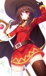  1girl adjusting_clothes adjusting_hat arm_up bandaged_leg bandages belt black_choker black_gloves black_hair blush breasts brown_hair cape choker dress fingerless_gloves gloves hat highres kono_subarashii_sekai_ni_shukufuku_wo! looking_at_viewer megumin pigat red_dress red_eyes simple_background single_thighhigh small_breasts smile solo staff thighhighs white_background witch_hat 