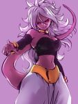  1girl android_21 bangle black_nails black_sclera black_tubetop bracelet breasts choker detached_sleeves dragon_ball dragon_ball_fighterz earrings hair_between_eyes harem_pants hoop_earrings jewelry kemachiku large_breasts long_hair looking_at_viewer majin_android_21 messy_hair midriff navel pants pink_background pink_skin red_eyes solo strapless tail tubetop white_hair 