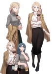  2girls alternate_costume ashiwara_yuu black_skirt blonde_hair blue_eyes blue_hair byleth_(fire_emblem) byleth_(fire_emblem)_(female) casual character_request closed_eyes coffee_cup cup disposable_cup earrings fire_emblem fire_emblem:_three_houses grey_sweater hair_between_eyes hand_on_own_chest highres jacket_on_shoulders jewelry long_hair looking_at_viewer multiple_girls multiple_views pantyhose skirt smile sweater turtleneck turtleneck_sweater white_background white_sweater 