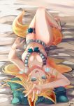  animal_ears arm_on_head armpits bed bikini blonde_hair blue_eyes breasts cat_ears dated gie happy large_breasts open_mouth original pillow signature smile swimsuit tail thighhighs thighs v 