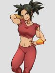  1girl abs arm_behind_head black_eyes black_hair breasts clenched_teeth collarbone dark_skin dragon_ball dragon_ball_super earrings eyelashes feet_out_of_frame grey_background grin hand_on_hip head_tilt high_ponytail jewelry kefla_(dragon_ball) kemachiku knees_apart_feet_together large_breasts looking_at_viewer midriff muscle muscular_female navel pants ponytail potara_earrings red_pants shiny shiny_clothes shiny_hair shiny_skin short_ponytail sidelocks simple_background smile solo spiked_hair standing teeth track_pants v-shaped_eyebrows wristband 
