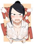  1girl angry bangs bijin_onna_joushi_takizawa-san blush breasts cleavage commentary_request earrings hair_bun highres jewelry looking_at_viewer mature mole mole_under_mouth name_tag necklace no_bra office_lady official_style pearl_necklace see-through shirt solo sweat swept_bangs takizawa_kyouko tsugu39 wet wet_clothes wet_shirt white_shirt yellow_eyes 