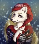  2019 ambiguous_gender anthro black_nose blue_eyes canid canine clothing eruca fox fur hat headgear headwear hi_res mammal red_clothing red_hat red_headwear snow solo sweater topwear white_body white_fur 