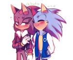  2015 anthro black_body black_clothing black_fur black_topwear blue_body blue_clothing blue_fur blue_topwear blush clothing dated duo eulipotyphlan eyes_closed fur gloves hand_in_pocket handwear hedgehog jacket male male/male mammal pockets red_body red_eyes red_fur shadow_the_hedgehog simple_background smile sonic_the_hedgehog sonic_the_hedgehog_(series) spacecolonie topwear varsity_jacket white_background 