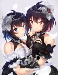  2girls absurdres ahoge bangs bare_shoulders black_dress black_flower black_gloves black_hair blue_eyes blue_hair blush breasts chain closed_mouth commentary_request dress eyebrows_visible_through_hair flower gloves hair_between_eyes hair_flower hair_ornament highres honkai_(series) honkai_impact_3rd keyhole multicolored_hair multiple_girls ponta_(velmar) red_eyes red_hair see-through seele_vollerei sleeveless sleeveless_dress small_breasts smile two-tone_hair upper_body white_dress white_gloves 