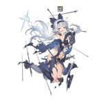  1girl alternate_costume animal armor arrow arrow_in_head bandages bangs bare_shoulders belt black_choker black_hairband blue_eyes blush boots bow breasts cat choker closed_eyes collarbone cross cross_earrings damaged dress earrings eyebrows_visible_through_hair face facing_viewer floating_hair full_body girls_frontline grey_bow grey_dress grey_footwear groin gun haijin hair_bow hairband handgun high_heel_boots high_heels holding holding_cat jewelry jumping labyrinth_of_the_dark lace-trimmed_hairband long_hair navel official_art open_mouth pelvic_curtain pistol pouch red_eyes sheath sheathed short_sword sidelocks silver_hair small_breasts solo star strapless strapless_dress sword toeless_boots tokarev_(girls_frontline) tokarev_tt-33 torn_clothes transparent_background very_long_hair weapon wind 