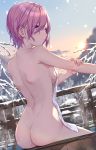  1girl ass back bathing blush breasts closed_mouth fate/grand_order fate_(series) hair_over_one_eye highres kuroki_(ma-na-tu) large_breasts lavender_hair looking_at_viewer looking_back mash_kyrielight naked_towel nude onsen purple_eyes short_hair sideboob sitting smile snowing solo steam sunrise towel wet white_towel 