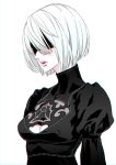  black_blindfold blindfold breasts cleavage cleavage_cutout fetishist hair_between_eyes highres mole mole_under_mouth nier_(series) nier_automata parted_lips pink_lips puffy_sleeves see-through short_hair teeth turtleneck upper_body upper_teeth white_hair yorha_no._2_type_b 