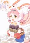  &gt;_&lt; 1girl :d absurdres akane_mimi animal_ears animal_hat arm_belt bag blue_hairband blue_ribbon blue_shorts blush blush_stickers boots braid brown_eyes brown_hair bunny_ears bunny_hair_ornament bunny_hat bunny_tail cloak commentary_request fake_animal_ears flower food fur-trimmed_cloak fur_trim grocery_bag hair_flower hair_ornament hair_ribbon hairband hat highres hikawa_kyoka hodaka_misogi long_hair mittens object_hug open_mouth paper_bag pink_cloak pink_footwear pink_hair pink_headwear princess_connect! princess_connect!_re:dive purple_hair red_mittens ribbon ryuki_(ryukisukune) shopping_bag shorts side_ponytail signature smile solo sweet_potato tail twin_braids twintails very_long_hair white_flower xd yellow_eyes 