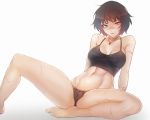  1girl black_hair blue_eyes breasts cleavage devil_may_cry heterochromia lady_(devil_may_cry) lingerie looking_at_viewer medium_breasts midriff navel nekonomlcon nusumenaihxseki panties red_eyes scar short_hair smile solo spread_legs tank_top tomboy underwear 