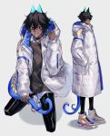  2boys arjuna_alter black_hair black_pants character_sheet coat dark_skin dark_skinned_male ears fate/grand_order fate_(series) hands_in_pockets highres holding_tail hood hooded_jacket jacket kneeling long_coat maka_(mksrw) male_focus multiple_boys pants puffer_jacket puffy_coat quilted_coat shoes smile sneakers standing tail winter_clothes 