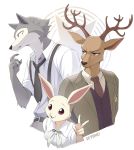  absurd_res anthro antlers beastars belt bottomwear canid canine canis cervid clothing haru_(beastars) hi_res horn lagomorph legoshi_(beastars) leporid louis_(beastars) mammal necktie pants rabbit school_uniform seyumei shirt topwear uniform wolf 