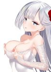  1girl :p alternate_costume azur_lane bare_shoulders blue_eyes breasts cleavage collarbone commentary_request earrings flower hair_flower hair_ornament highres jewelry large_breasts long_hair looking_at_viewer mole mole_under_eye schreibe_shura shoukaku_(azur_lane) shoukaku_(the_crane_that_dances_with_the_wind)_(azur_lane) silver_hair solo tehepero tongue tongue_out upper_body 