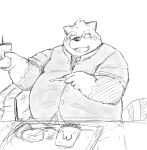  2018 anthro belly canid canine clothing food hi_res humanoid_hands kemono male mammal noctnoc overweight overweight_male raccoon_dog shirt solo tanuki topwear 