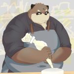  1:1 2018 brown_body brown_fur canid canine clothing cooking fur hi_res humanoid_hands kemono mammal noctnoc overweight raccoon_dog shirt solo tanuki topwear 