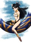  1girl arm_up barefoot black_bow black_hair black_legwear black_panties bow bra breasts choker chutohampa cleavage closed_mouth collarbone earrings fate/grand_order fate_(series) floating_hair hair_bow highres ishtar_(fate)_(all) ishtar_(fate/grand_order) jewelry long_hair looking_at_viewer medium_breasts panties red_eyes signature single_thighhigh sitting smile solo sparkle strapless strapless_bra thighhighs underwear underwear_only very_long_hair white_background white_bra 