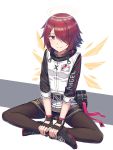  1girl arknights black_legwear crossed_legs exusiai_(arknights) fingerless_gloves gloves highres id_card kataokasan one_eye_covered pantyhose red_eyes red_hair shoes short_hair sitting smile sneakers solo wings 