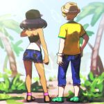  1boy 1girl bare_shoulders baseball_cap blonde_hair blue_pants blue_shorts day denim denim_shorts dexio_(pokemon) from_behind green_footwear hat hk_(nt) jeans medium_hair outdoors pants pokemon pokemon_(game) pokemon_sm purple_hair shirt short_shorts shorts sina_(pokemon) tree yellow_shirt 