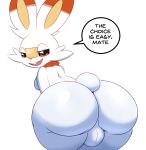  anthro backsack balls big_butt breasts butt dialogue english_text fur genitals gynomorph half-closed_eyes hi_res intersex looking_at_viewer looking_back modca narrowed_eyes nintendo orange_eyes pok&eacute;mon pok&eacute;mon_(species) presenting presenting_hindquarters scorbunny seductive short_tail simple_background smile solo speech_bubble text video_games white_body white_fur wide_hips 
