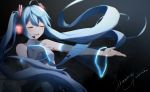  black blue_hair drawing_kanon gradient hatsune_miku headphones long_hair microphone signed tie twintails vocaloid 