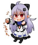  1girl :d ahoge bangs black_bow black_legwear blue_bow blue_flower blue_rose blush bow braid cat_hair_ornament clenched_hands elf eyebrows_visible_through_hair fang flower frilled_shirt frilled_skirt frills grey_hair gurageida hair_between_eyes hair_bow hair_ornament highres long_hair long_sleeves no_shoes notice_lines open_mouth original outstretched_arm pantyhose pointy_ears puffy_short_sleeves puffy_sleeves red_eyes rose shirt short_over_long_sleeves short_sleeves simple_background skirt slit_pupils smile solo translation_request v-shaped_eyebrows very_long_hair white_background white_shirt white_skirt 