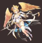  1girl blonde_hair breasts brown_background cleavage detached_collar detached_sleeves full_body headpiece highres large_breasts looking_at_viewer original pigat short_hair smile thighlet wings yellow_eyes yellow_wings 
