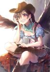  1girl bandana bangs bare_shoulders black_hair black_wings blue_shirt blush boots breasts brown_footwear brown_headwear brown_skirt cleavage commentary_request cowboy_hat feathered_wings feet_out_of_frame grin hair_between_eyes hand_up hat head_tilt knee_boots kurokoma_saki long_hair looking_at_viewer miniskirt off-shoulder_shirt off_shoulder partial_commentary ponytail puffy_short_sleeves puffy_sleeves red_eyes shirt short_sleeves sitting skirt small_breasts smile solo syuri22 touhou wings 