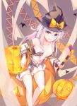  1girl absurdres animal bare_legs bat blue_eyes breasts eyebrows_visible_through_hair hair_between_eyes halloween halloween_costume hat hibiki_(kantai_collection) highres jack-o&#039;-lantern kantai_collection long_hair long_sleeves no_pants open_clothes open_mouth open_shirt sailor_collar sailor_shirt shinsoyori shirt silver_hair small_breasts smile solo verniy_(kantai_collection) witch_hat 