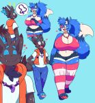  &lt;3 2019 3_toes 4_toes 5_fingers anthro belly big_breasts blue_body blue_eyes blue_fur blue_hair blue_tail bottomwear breasts canid canine cleavage clothed clothing crop_top curvy_figure cute_fangs cyan_background deep_navel digital_drawing_(artwork) digital_media_(artwork) dipstick_tail eyes_closed female fingers fox full-length_portrait fur hair hand_holding happy heterochromia hi_res hotpants huge_breasts jewelry larger_female lazuli_(doggod.va) legwear male male/female mammal midriff multicolored_body multicolored_eyes multicolored_fur multicolored_tail navel neck_tuft necklace nintendo pattern_clothing pattern_legwear pawpads paws pink_clothing pink_eyes pok&eacute;mon pok&eacute;mon_(species) portrait shinyillusionz shirt shorts simple_background size_difference slightly_chubby smaller_male smile socks sparkles star striped_clothing striped_legwear striped_socks stripes tank_top thick_thighs thigh_highs toes topwear tuft video_games voluptuous walking white_body white_fur white_pupils white_tail wide_hips yellow_eyes zeke_the_zorua zorua 