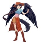  1girl :d absurdres bandana bangs black_hair black_wings blue_shirt boots breasts brown_footwear brown_headwear brown_skirt commentary_request cowboy_hat feathered_wings full_body hand_up hat head_tilt high_heel_boots high_heels highres knee_boots kurokoma_saki leon_(mikiri_hassha) long_hair looking_at_viewer low_ponytail medium_breasts open_mouth partial_commentary puffy_short_sleeves puffy_sleeves red_eyes shirt short_sleeves simple_background skirt smile solo standing tail touhou very_long_hair white_background wings 