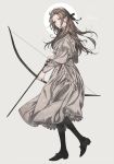  1girl archery arrow artemis_(mythology) black_footwear black_legwear black_ribbon blue_eyes bow_(weapon) brown_hair closed_mouth dress enaa english_text frilled_dress frills full_body goddess grey_background highres holding holding_arrow holding_bow_(weapon) holding_weapon juliet_sleeves long_hair long_sleeves looking_at_viewer lying on_side original puffy_sleeves ribbon shoes simple_background solo standing standing_on_one_leg straight_hair weapon white_background white_dress 