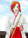  1girl 41_(taskmaster41) aqua_eyes boudica_(fate/grand_order) breasts commentary_request earrings fate/grand_order fate_(series) highres japanese_clothes jewelry large_breasts looking_at_viewer open_mouth ponytail red_hair short_hair sky smile solo 