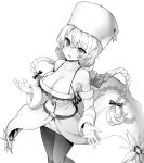  1girl avrora_(azur_lane) azur_lane bare_shoulders blush braid breasts cleavage collarbone commentary_request detached_sleeves eyebrows_visible_through_hair fur_trim hair_between_eyes hat highres hori_(hori_no_su) large_breasts long_hair long_sleeves monochrome open_mouth pantyhose smile solo star twin_braids very_long_hair white_headwear 