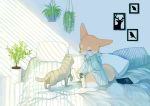  absurd_res ambiguous_gender anthro bed bible canid canine canis domestic_cat domestic_dog eyes_closed felid feline felis feral furniture herding_dog hi_res inside mammal mayumochi on_bed pastoral_dog pillow plant potted_plant sitting waking_up welsh_corgi 