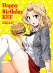  1girl :p black_neckwear blazer blonde_hair blue_eyes breasts bursting_breasts character_name commentary dated dress_shirt emblem english_text food girls_und_panzer grey_jacket hair_intakes hamburger happy_birthday holding holding_food jacket kay_(girls_und_panzer) leg_up licking_lips long_hair long_sleeves loose_necktie miniskirt necktie oosaka_kanagawa open_clothes open_jacket pleated_skirt red_skirt saunders_(emblem) saunders_school_uniform school_uniform shirt skindentation skirt sleeves_rolled_up solo star starry_background thighhighs tongue tongue_out white_legwear white_shirt wing_collar yellow_background 