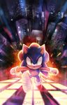  2015 anthro blue_body blue_fur city clothing detailed_background eulipotyphlan footwear fur gloves green_eyes handwear hedgehog hi_res male mammal night running shoes skyscraper smile solo sonic_the_hedgehog sonic_the_hedgehog_(series) spacecolonie 