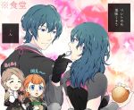  1boy 3girls annette_fantine_dominic blonde_hair blue_eyes blue_hair book bow byleth_(fire_emblem) byleth_(fire_emblem)_(female) byleth_(fire_emblem)_(male) closed_eyes fire_emblem fire_emblem:_three_houses from_behind garreg_mach_monastery_uniform hair_bow holding holding_book holding_spoon long_hair long_sleeves looking_to_the_side low_ponytail medium_hair mercedes_von_martritz multiple_girls open_mouth orange_hair short_hair spoon totototope twintails uniform 