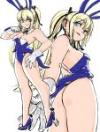  1girl absurdres animal_ears aqua_eyes asimatosinosin ass bangs bare_legs bare_shoulders blonde_hair blue_footwear blue_leotard breasts bunny_ears bunny_tail cleavage coattails dead_or_alive dead_or_alive_5 detached_collar eyebrows_visible_through_hair gloves high_heels highres leotard long_hair long_twintails marie_rose multiple_views simple_background small_breasts tail very_long_hair white_background white_gloves 