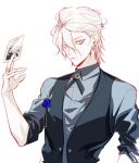  1boy blue_eyes card corsage earrings eyeliner fate/grand_order fate_(series) holding holding_card jewelry karna_(fate) looking_at_viewer maka_(mksrw) makeup male_focus photo_(object) ring solo upper_body vest waistcoat wavy_hair white_hair 