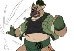  2020 absurd_res belly brown_body brown_fur canid canine canis clothing domestic_dog fur hi_res humanoid_hands kemono male mammal navel reddo12340 scar shirt simple_background slightly_chubby tokyo_afterschool_summoners topwear video_games white_background yasuyori 