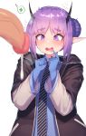  1girl arknights blue_gloves blush ce-_-3 censored eyebrows_visible_through_hair flaccid gloves hair_bun hibiscus_(arknights) highres horns jacket long_sleeves mosaic_censoring necktie open_clothes open_jacket open_mouth penis penis_awe pointy_ears purple_eyes purple_hair simple_background white_background 