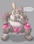  2020 absurd_res anthro aotoaka belly blush bottomwear bulge clothing english_text eyes_closed hi_res humanoid_hands kemono lagomorph leporid male mammal moobs musclegut navel nipples overweight overweight_male rabbit shorts simple_background solo text 