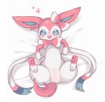  &lt;3 3_toes ambiguous_gender bedding blue_eyes blush bow cute_fangs eeveelution feral fluffy fluffy_ears fluffy_tail fur happy kuwuri looking_at_viewer markings nintendo open_mouth pawpads pink_ears pink_markings pink_pawpads pink_tail pok&eacute;mon pok&eacute;mon_(species) ribbons solo spread_legs spreading sylveon toes video_games white_body white_fur 