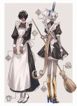  2boys alternate_costume alternate_hairstyle apron arjuna_(fate/grand_order) arjuna_alter black_hair boots broom dark_skin dark_skinned_male dual_persona enmaided fate/grand_order fate_(series) frilled_skirt frills from_behind high_heels highres juliet_sleeves long_hair long_skirt long_sleeves maid maid_apron maid_headdress maka_(mksrw) male_focus miniskirt multiple_boys ponytail puffy_sleeves skirt tail white_hair 