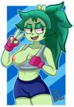  anthro bottomwear breasts cartoon_network clothing cute_fangs ear_piercing female fingerless_gloves fink_(ok_k.o.!_lbh) flashing fur gesture gloves green_body green_fur green_hair hair handwear hi_res mammal mjisoul murid murine nipples ok_k.o.!_let&#039;s_be_heroes one_breast_out piercing ponytail rat rodent shirt shorts tank_top topwear v_sign 