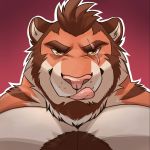  2018 adios anthro beard body_hair brown_body brown_fur brown_hair bust_portrait chest_hair facial_hair felid fur hair hi_res hulooo licking licking_lips looking_at_viewer male mammal multicolored_hair orange_body orange_fur pantherine pink_nose portrait scar simple_background solo striped_body striped_fur stripes tiger tongue tongue_out two_tone_hair white_body white_fur white_hair yellow_eyes 