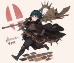  1boy armor axe blue_eyes blue_hair bow_(weapon) byleth_(fire_emblem) byleth_(fire_emblem)_(male) cape doku_gin1126 fire_emblem fire_emblem:_three_houses highres holding holding_axe holding_bow_(weapon) holding_sword holding_weapon lance parted_lips polearm short_hair solo super_smash_bros. sword weapon 